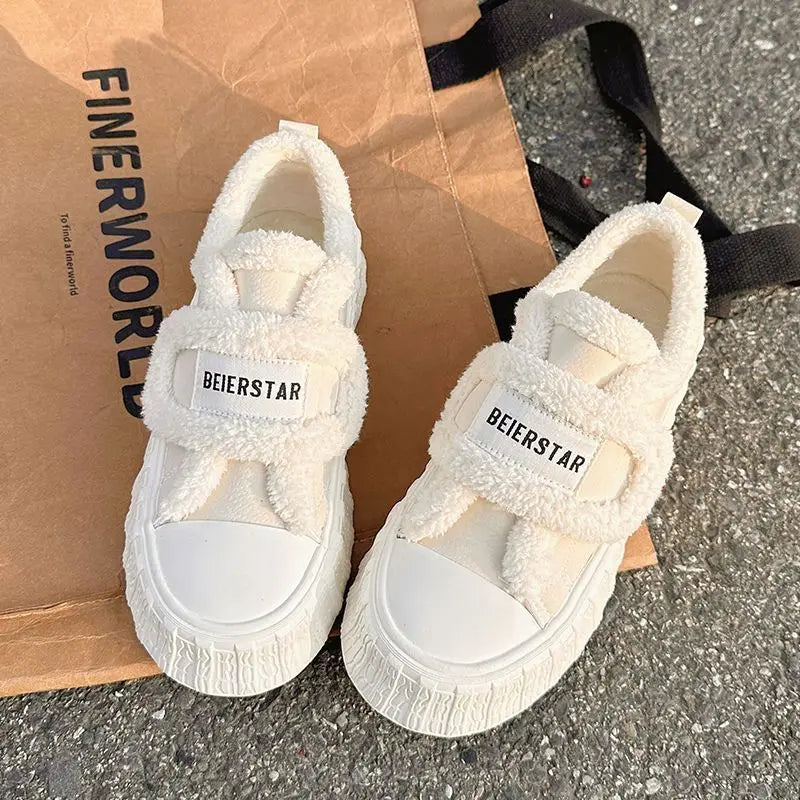 LBSFY  -  Winter Women Breathable Warm Sneakers White Wool Shoes Thick Heel Plaid Sneakers Casual Running Platform Y2K Lolita Shell Shoes