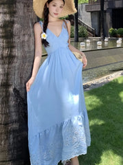 LBSFY -Sky Blue Summer Elegant Fashion Bohemain Style Dresses For Woman V-Neck Lace-Up Backless Sleeveless Sling Dress Beach Vacation