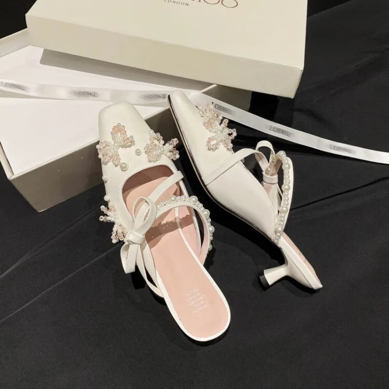 LBSFY  -  2024 Pearl Pink Ballet High Heels Pointed 5cm Slim Heel Skirt Outdoor Banquet Slippers 34-40 Bow Summer Birthday Party Sandals