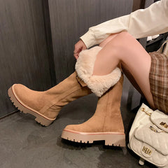 LBSFY  -  Cow Suede Leather Boots Women Slip On Wool Warm Winter Knee High Boots Handmade Ladies Platform Snow Boots Shoes