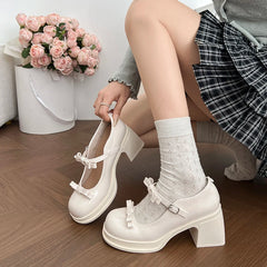 LBSFY -New Platform Thick Heel Women Mary Jane Shoes Fashion Butterfly-knot Dress Shoes Ladies Outdoor Leather Pumps