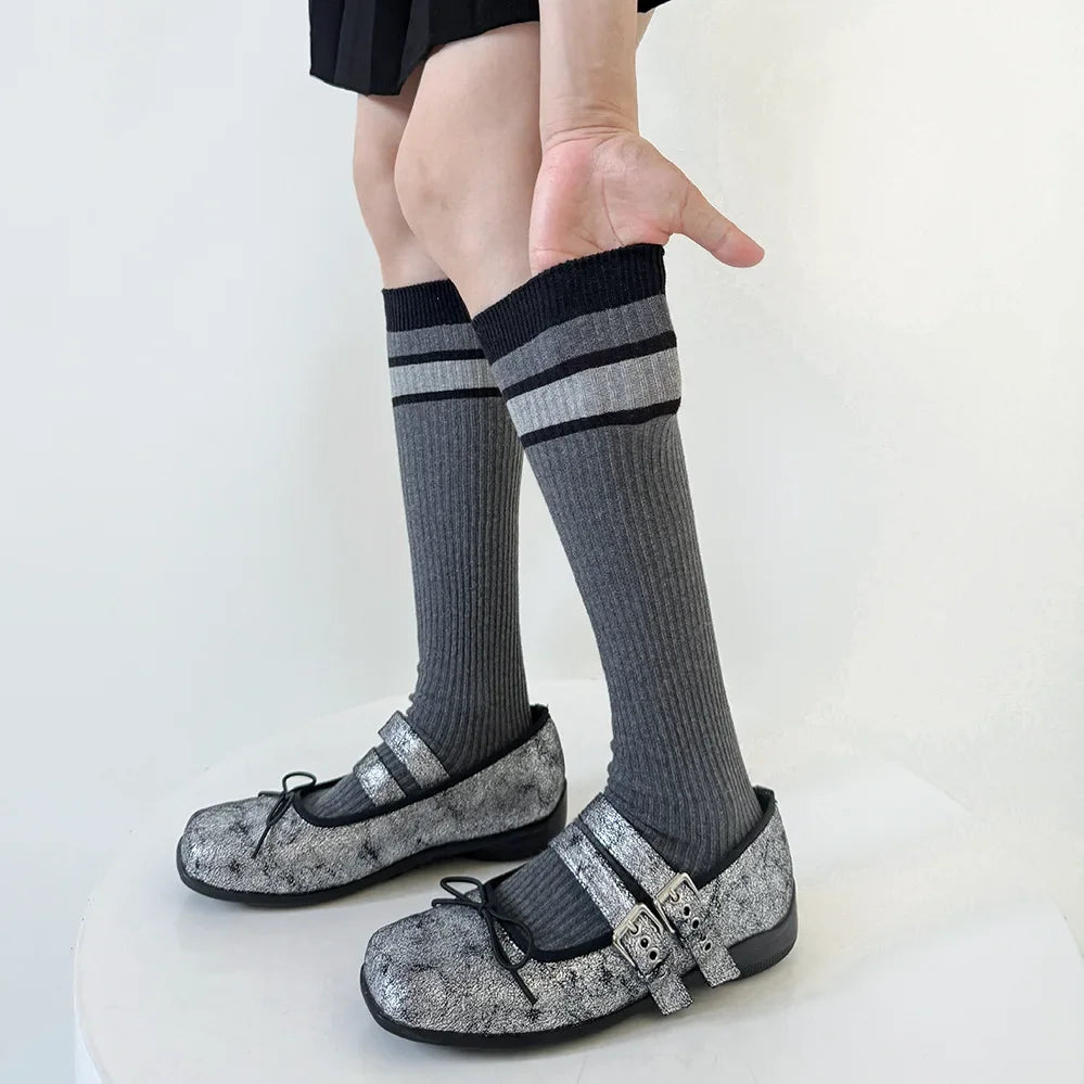 Lbsfy Korean Striped Calf Socks Cotton Colorblocked Knee Socks High Breathable Sport Cycling Mid-calf Socks Japanese JK Accessories