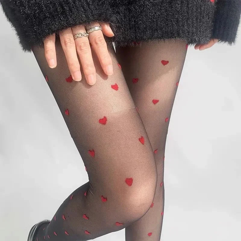 Lbsfy Pantyhose Woman Ultra thin Red Heart-shaped Dots Sexy Stockings Breathable Comfortable Long Black Stockings for Women