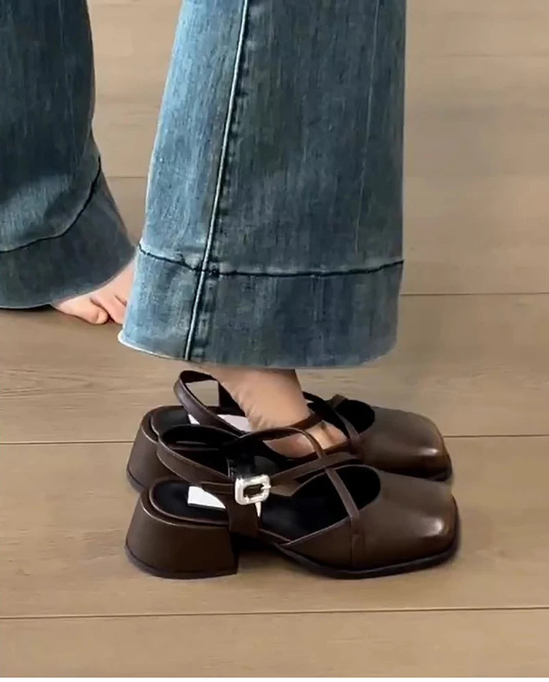 LBSFY -Designer Cover Toe Women Mary Jane Shoes Fashion Cross Buckle Singbacks Shoes 2025 Spring Female Thick Heel Shoes