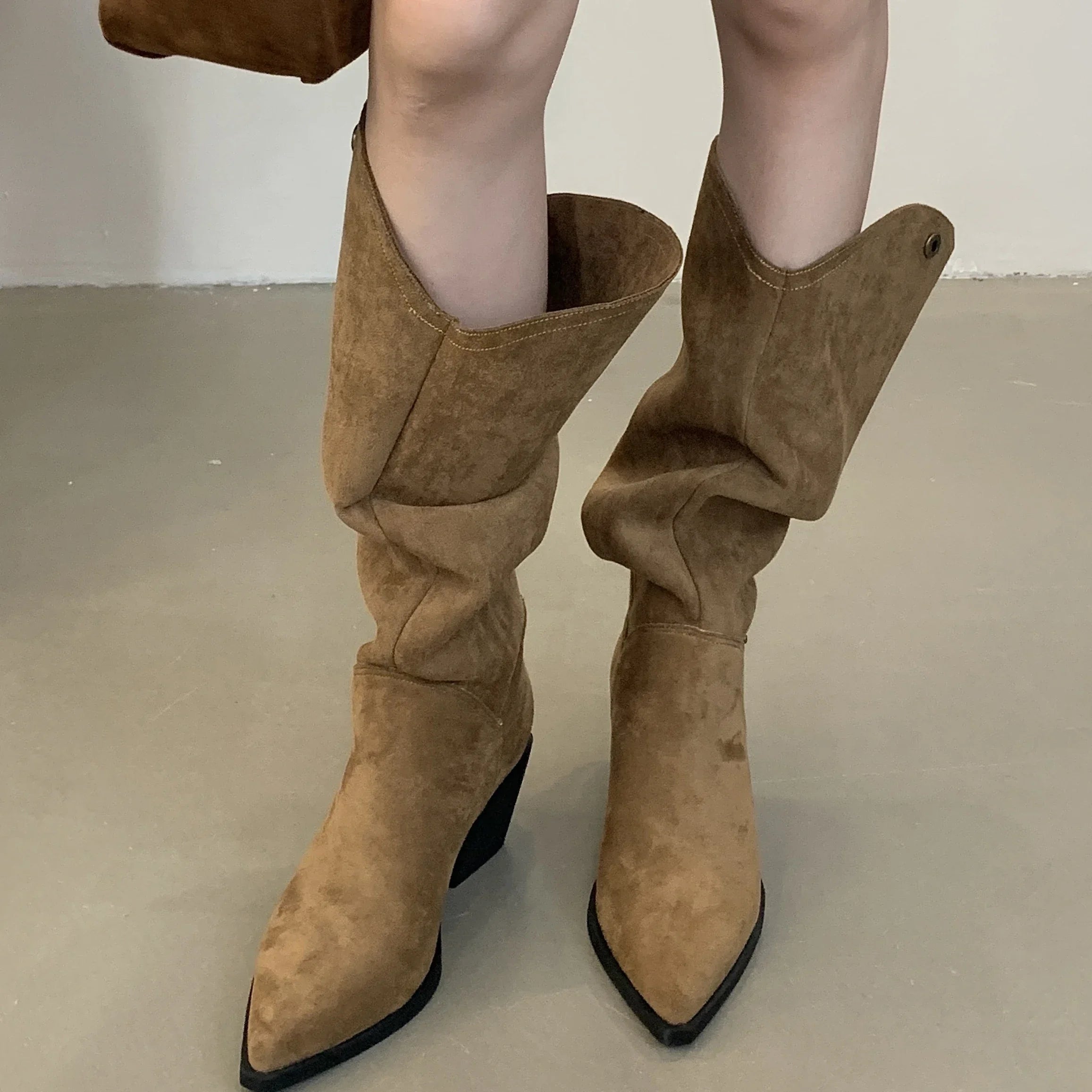 LBSFY -Retro Style Fold Button Women Knee-High Boots Fashion Pointed Toe Square Low Heels Casual Dress Ladies Shoes
