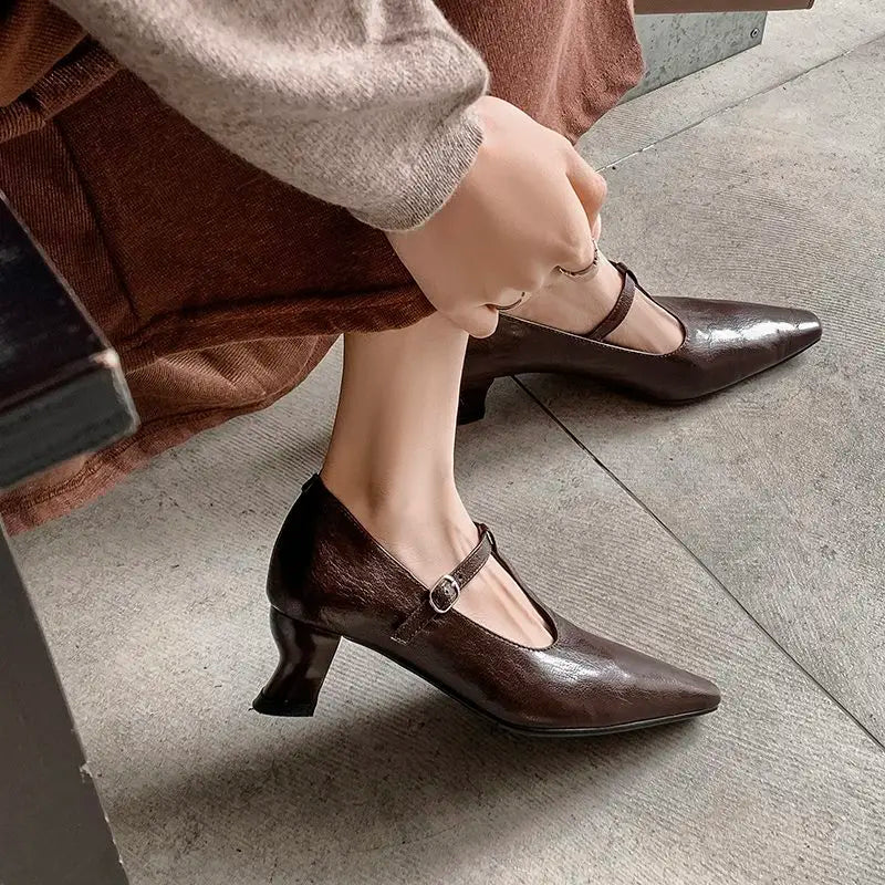 LBSFY  -  Size 34-43 New Genuine Leather Shoes Women Mary Janes Mid Heels Pointed Toe Black Brown Beige Ladies Party Dress Shoes