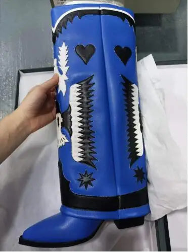LBSFY  -  Burgundy White Brown Mixed Color Leather Eagle Star Heart Print Pointed Toe Square Med Heels Knee High Pants Boots Women Shoes