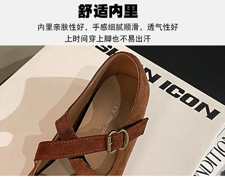 LBSFY -Retro Faux Suede Flat Internal Increase Women Dance Shoes 2025 Spring Autumn New French Casual Commuting Mary Jane Shoes Woman