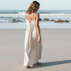 LBSFY -Fashion Embroider Linen Blended Casual Beach Dress Loose Backless Vacation Dress 2025 New Square Collar Fashion Vestidos