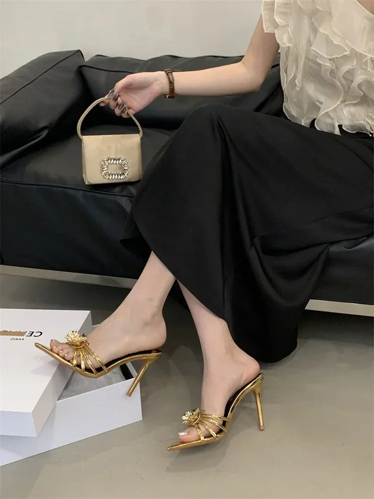 LBSFY -Summer Design Metal Flower Narrow Band Pointed Toe Women Slippers Thin Heels Party Prom Slide Shoes Zapatillas De Mujer
