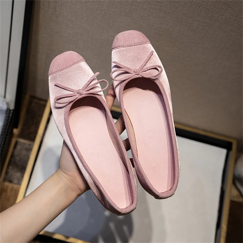 LBSFY -Breathable Silk Ballerinas Ballet Flats Women Summer Autumn Slip On Loafers Square Toe Bowknot Flat Casual Shoes