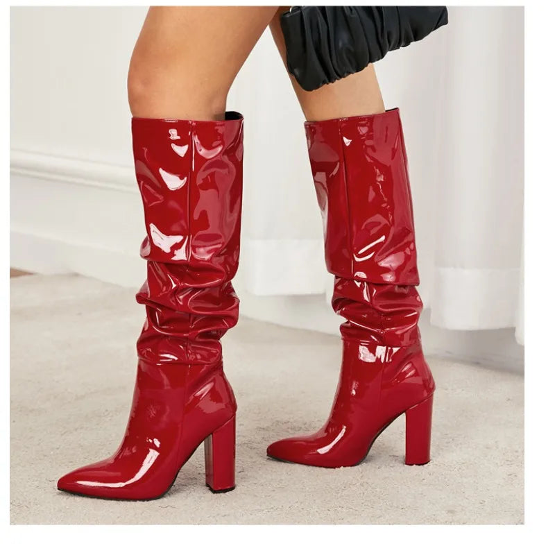 LBSFY -Patent Leather Over The Knee Chelsea Boots Women Shoes Chunky Heels Fashion Solid Sexy Thin High Heel Side Boots Female