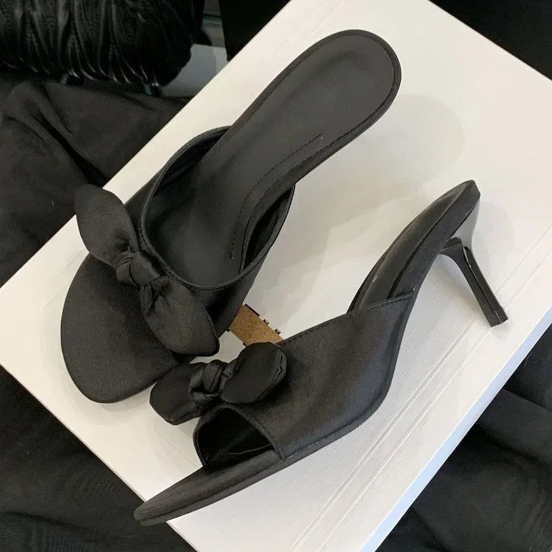LBSFY -Satins Butterfly-knot Open Toe Women Slippers Fashion Thin Heels Sandals Summer Casual Party Dress Slide Shoes