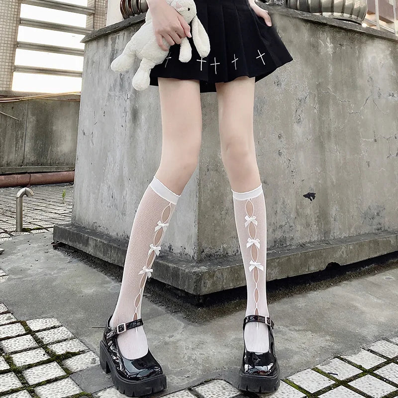 Lbsfy Stockings Woman Summer Bowknot Hollow Cute Lolita Socks Medium Length Black/White Stockings Women Lingerie