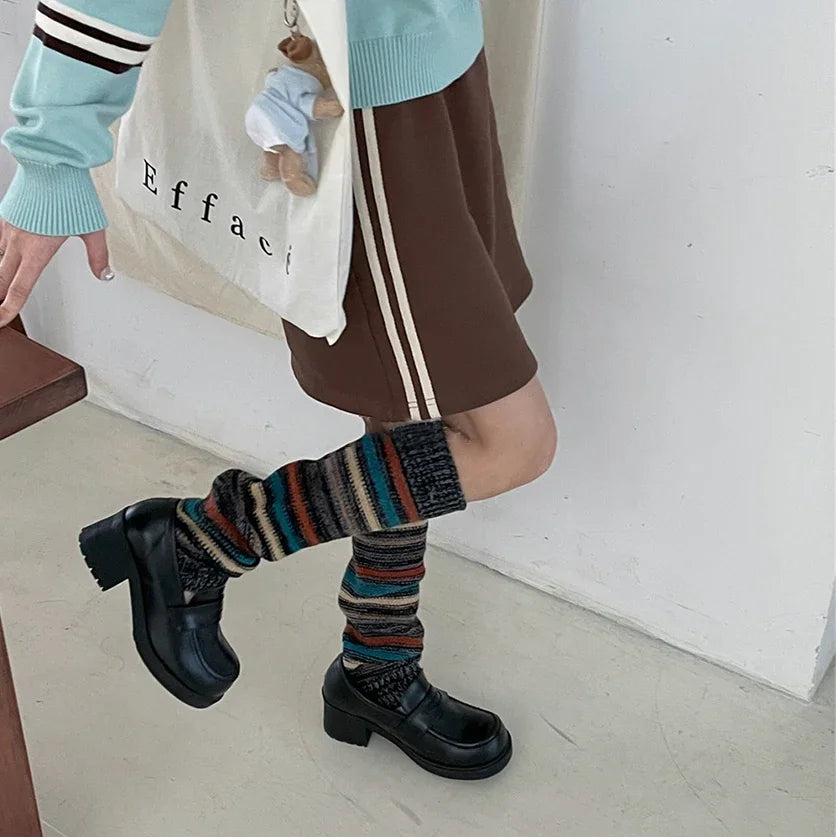 Lbsfy Vintage Striped Wool Leg Socks Harajuku Hot Girl Beggar Leg Warmers Y2k Punk Knitted Leg Cover Japanese Accessories