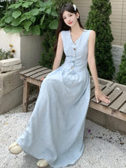 LBSFY -Women's French Fashion Elegant Long Dresses Summer Vintage V-Neck Single Breasted Slim Waist Dress 2025 New Basics Vestidos