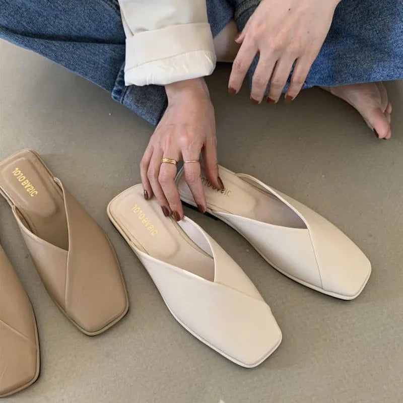 LBSFY -Flat Half Drag Slippers Square Toe Sandals 2025 Spring/Summer Outside Wear Casual Soft Bottom Mules Low Heel Sapatos Femininos