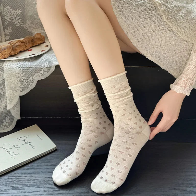 Lbsfy 1pair Spring Women Heart Hollow Out Lolita Style Cute Socks Thin Middle Tube Socks for Girl Sweet Soft Designer Loose Socks