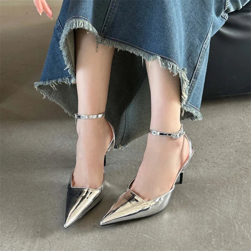 LBSFY -Gold Silver Ankle Buckle Strap Women Pumps Sexy Thin High Heels Pointed Toe Slingback Mules Dress Designer Shoes