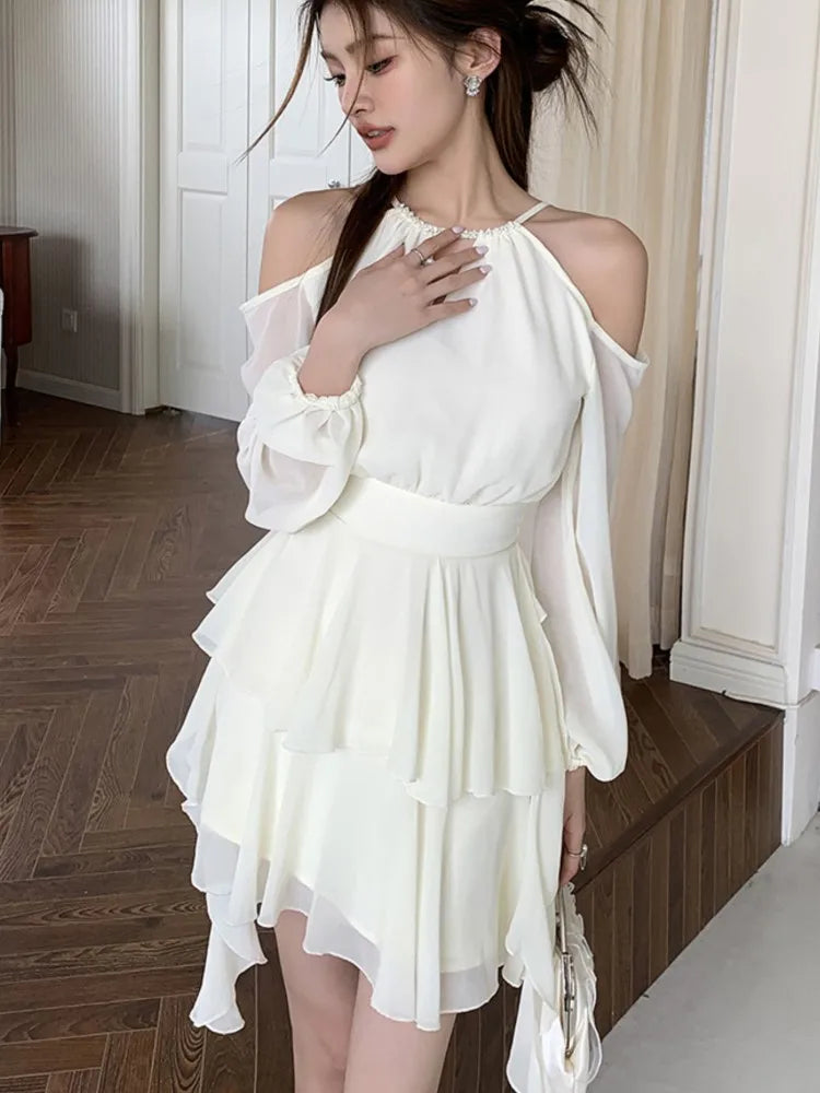 LBSFY -Summer Fairy Elegant Fashion Mini Dresses For Woman New Off Shoulder Sling Halter Tassel Party Dress French Hollow Vestidos