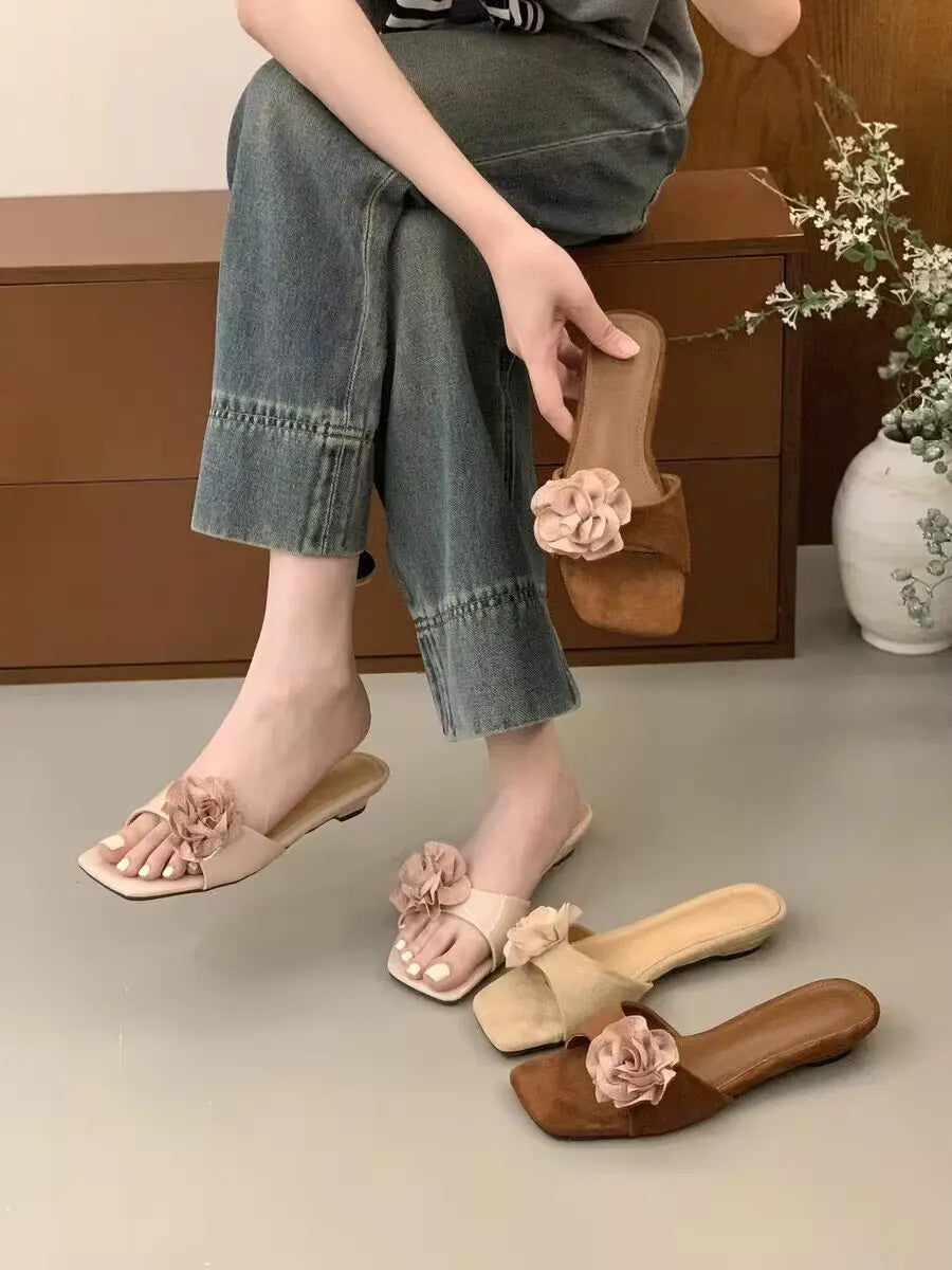 LBSFY -Women French Flowers Slippers Summer Slides Open Toe Flat Casual Shoes Leisure Sandal Female Vacation Beach Flip Flops