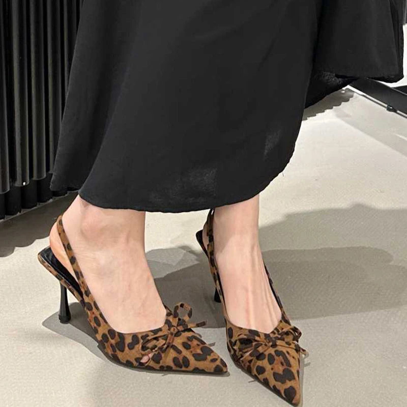 LBSFY - Leopard Print Summer Pointed Toe High Heel Women's Sandals Fashion Slip-On Mules for Ladies Party Dress Shoes