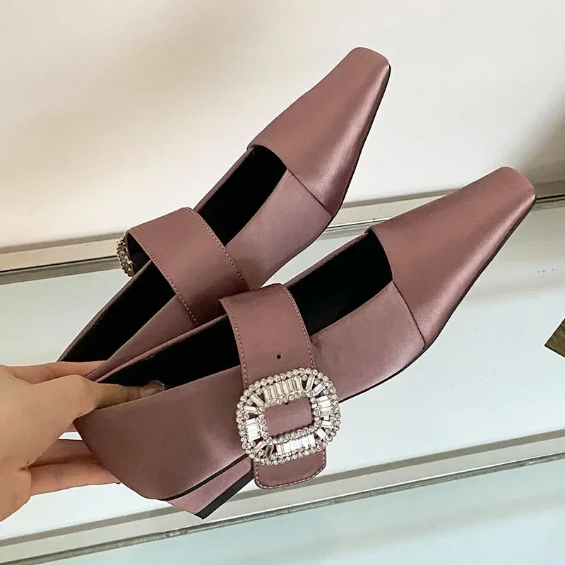 Lbsfy Luxury Silk Designer Women Shoes Crystal Buckle 2025 New Footwear Female Brand Mary Janes Shoes Comfy Low Heel Dress Shoes Women