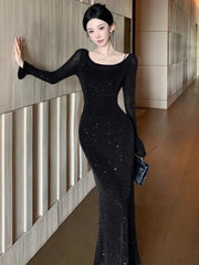 LBSFY -Women's Dress Suits Slash Neck Off Shoulder Spaghetti Straps Party Dresses +  Long Sleeve Bright Silk Mesh Smock Two Pieces Set