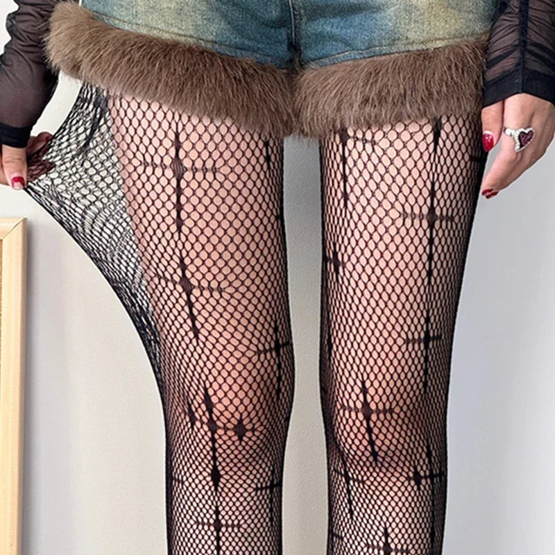 Lbsfy Women Sexy Cross Print Fish Net Tights Long High Nylon Socks Transparent Hollow Out Body Stockings Black Mesh Fishnet Pantyhose