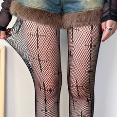 Lbsfy Women Sexy Cross Print Fish Net Tights Long High Nylon Socks Transparent Hollow Out Body Stockings Black Mesh Fishnet Pantyhose