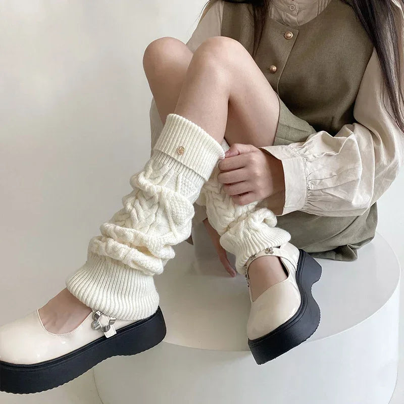 Lbsfy Korea Wool Knitted Leg Warmers Metal Label Women Calf Socks Vintage Winter Y2K Japanese Harajuku Pile Long Socks Leg Covers