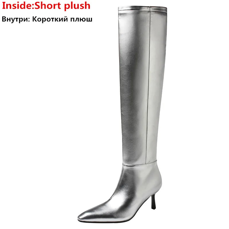 LBSFY  -  2024 New Fashion Slip On Over The Knee Boots Pleated Genuine Leather Boots For Women Thin High Heels Winter Boots
