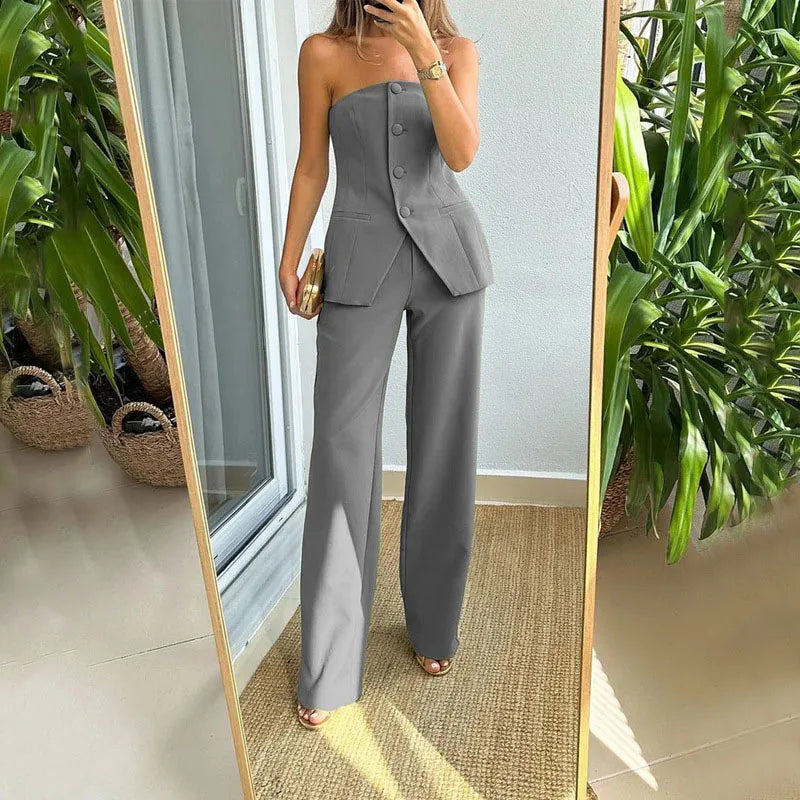 LBSFY  -  Fashion Cocktail Beautiful Outfit Women Solid Set 2024 One Shoulder Button Blouse Tops&Straight Trouser Two Piece Office Suit