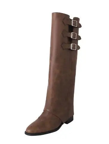 LBSFY  -  Hot Girls Brown Black Real Cow Leather Belt Buckles Round Toe Rivet Slip On Knee High Boots 4 CM Med Heels Two Ways Wear Boots