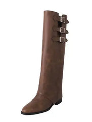 LBSFY  -  Hot Girls Brown Black Real Cow Leather Belt Buckles Round Toe Rivet Slip On Knee High Boots 4 CM Med Heels Two Ways Wear Boots
