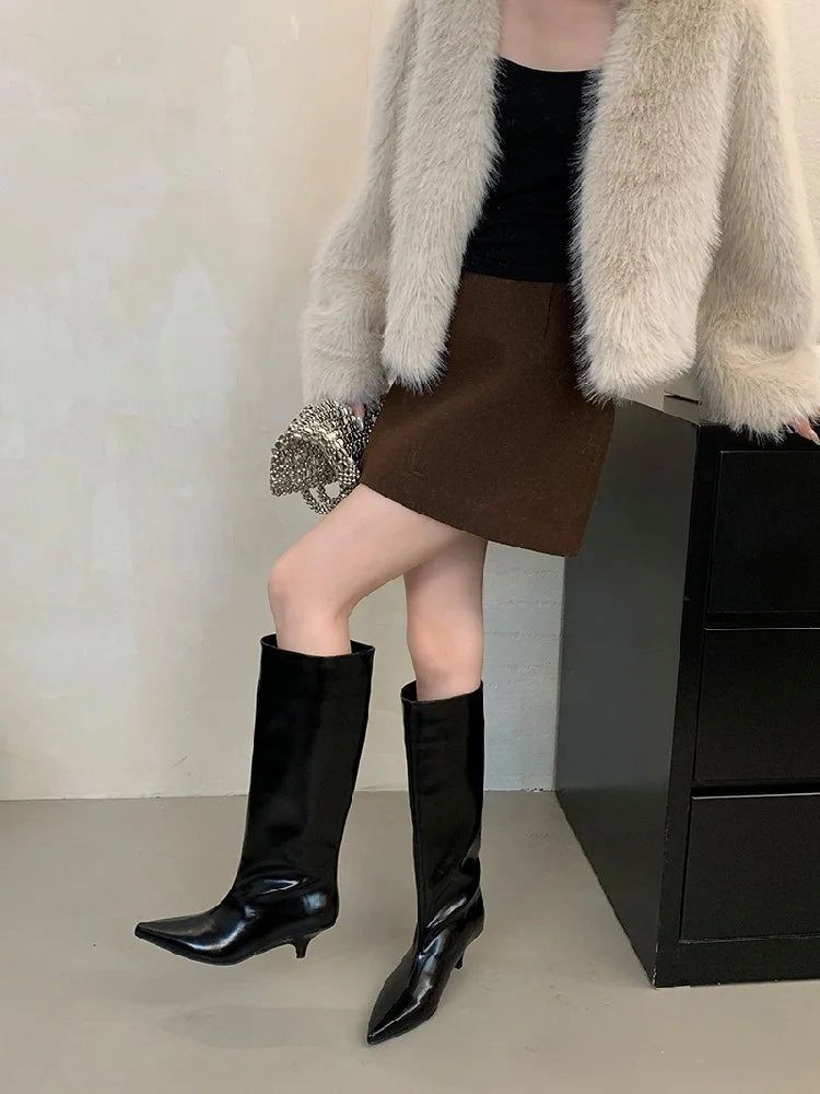 LBSFY -Winter New Fashion Knee-High Boots Women Pointed Toe Elegant Thin Low Heel Casual Ladies Pumps Shoes Long Botas Mujer