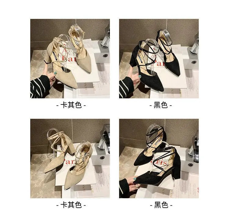 LBSFY -New Spring Autumn Women Heels Ankle Cross Strap Thick High Heel Sexy Female Shoes Casual Suede Black Pointed Toe Pumps