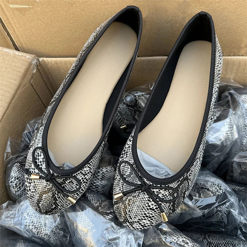 LBSFY -Spring Autumn New Round Head Bow Flat Bottom Ballet Single Shallow Mouth Women's Shoes Size 35-42
