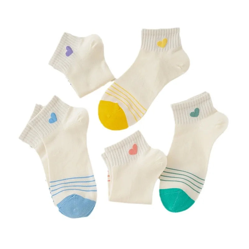 Lbsfy 5 Pairs Cotton Women Socks Pack White Spring Summer Autumn Love Print Low Tube Short Cute Kawaii Harajuku Striped Sock Set Girls
