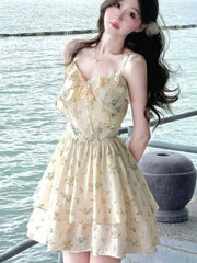 LBSFY -Elegant French Floral Mini Women's Dress V-Neck Ruffles Print Spaghetti Strap Dresses Summer Holiday Beach Festival Clothes