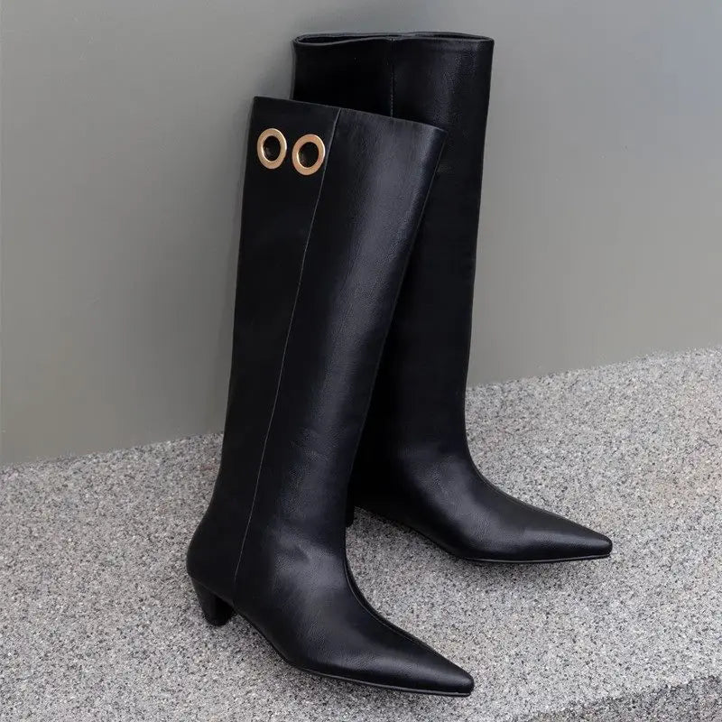 LBSFY  -  2025 New Genuine Leather Knee High Boots Women Pointed Toe Mid Heels Autumn Winter Modern Boots Ladies Shoes