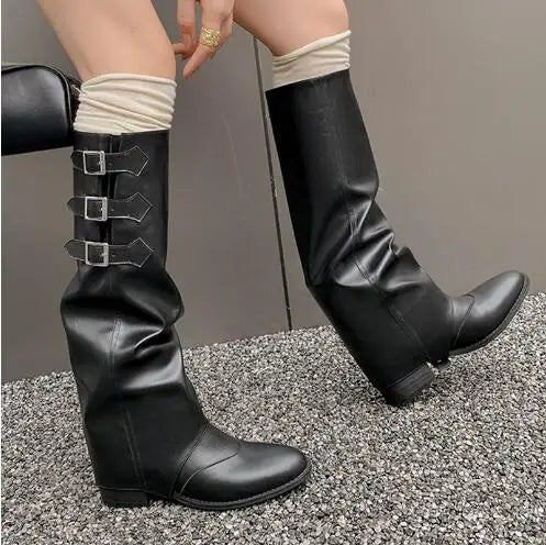LBSFY  -  Hot Girls Brown Black Real Cow Leather Belt Buckles Round Toe Rivet Slip On Knee High Boots 4 CM Med Heels Two Ways Wear Boots