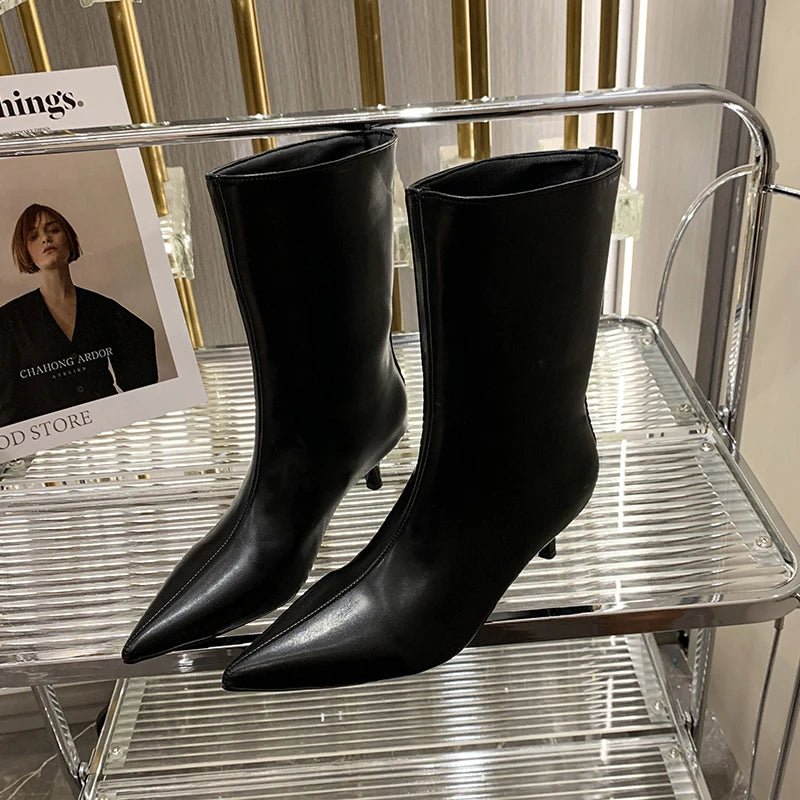 LBSFY -Sexy Pointed Toe High Heels Luxury Women High Boots 2025 Winter Designer Mid Calf Snow Boots Soft Leather Goth Botas Dress Pumps