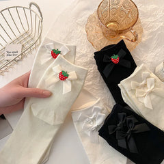 Lbsfy Women Socks Cotto Midtube Socks Black White Solid Color Japanese Harajuku Lolita Style Strawberry Bow Cotton Stockings Girl Gift