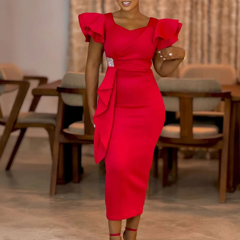 LBSFY  -  2025 Fashion Ruffled Short Sleeved A-line Dress Office Ladies Solid Color Long Dress Elegant Women's V Neck Slim Wrap Hip Dress