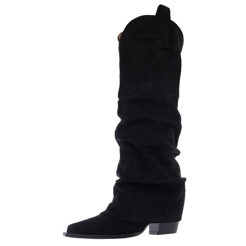 LBSFY  -  Large Size 34-43 New Faux Suede Knee High Boots Women Pointed Toe Block High Heels Pleated Fashion Boots Winter Shoes