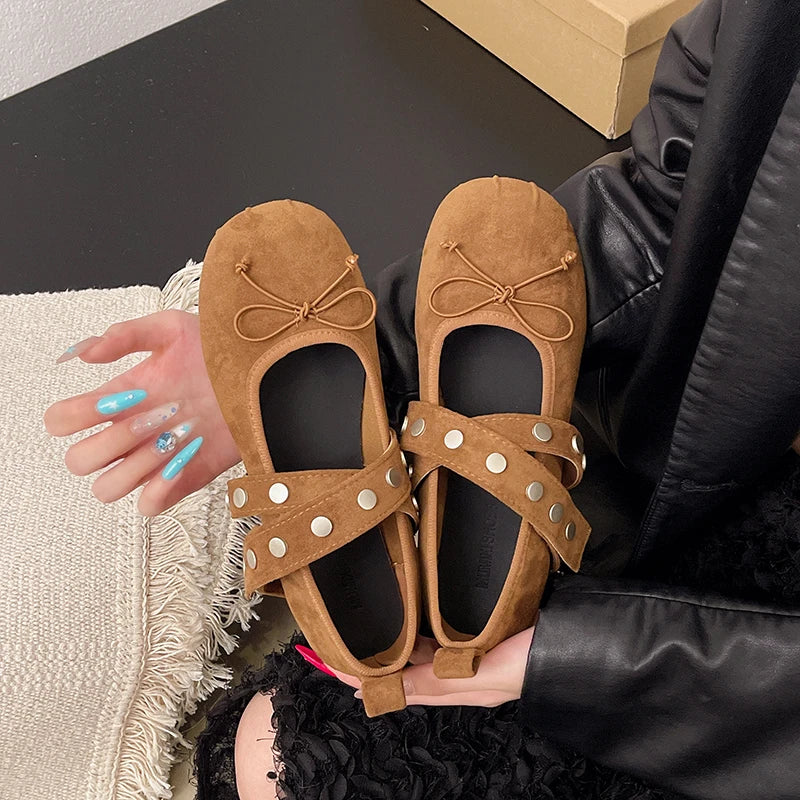 LBSFY -New Style Lolita Dance Shoes for Women Ballet Flats Designer Female Butterfly-Knot Buckle Fashion Silk Ladies Round Toe Shoes