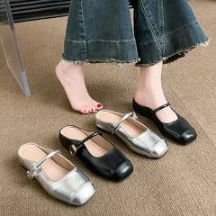 LBSFY -Women's Flat Bottom Slip-On Summer Shoes to Match Skirts Square Head Outdoor Wear Rubber Sole Leisure Style Footwear