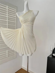 LBSFY -Y2K Sweet Sexy Backless Solid Mini Dress Inclined-Shoulder Pleated Women's Dresses Beach Vacation Party Spring Summer 2025 New