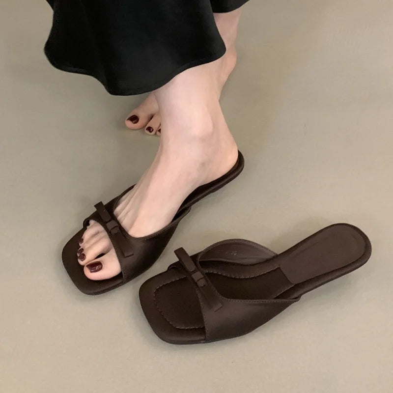 LBSFY - New Comfortable Low Heel Square Head Sandals Sweet Bow Silk Thick Heel Slippers Ladies Outwear Beach Slides Mujer